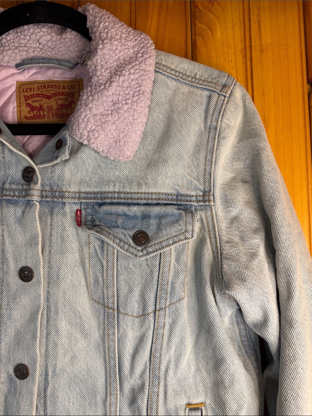 Levi's Light Blue Denim Bomber Jacket with Purple Sherpa Collar - Picture 8 of 11